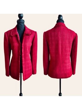 Dark Red Fringe-Trimmed Textured Lined Open-Front Alfred Dunner Blazer (12)